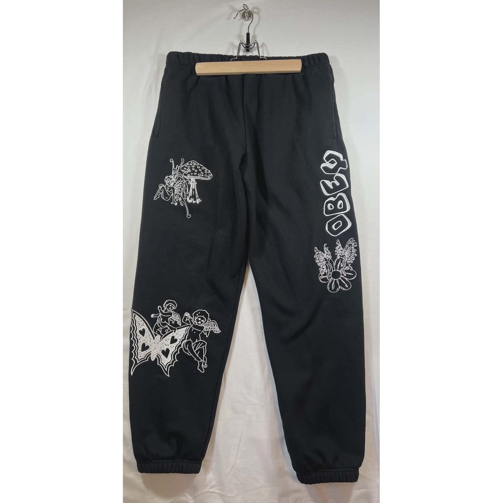 Obey Mens Black Graphic Sweatpants Butterfly Cherub Mushroom Joggers unisex‎ med